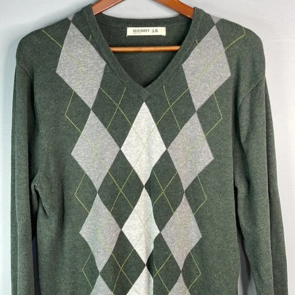 OLD NAVY Mens Argyle Pattern V-Neck Sweater Academia Prep Green Knit Cotton L - Picture 3 of 11